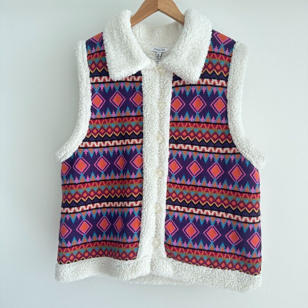 Johnny Was Vest Women Small Yuya Sherpa Alpaca Blend Aztec Boho Print Jacket NWT